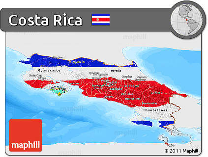Flag Panoramic Map of Costa Rica, single color outside, bathymetry sea, flag centered