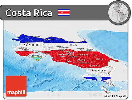 Flag Panoramic Map of Costa Rica, single color outside, bathymetry sea, shaded relief sea, flag centered