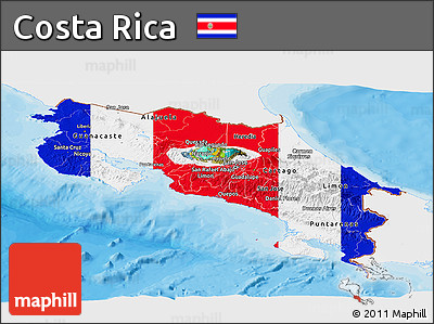 Flag Panoramic Map of Costa Rica, single color outside, bathymetry sea, shaded relief sea, flag rotated