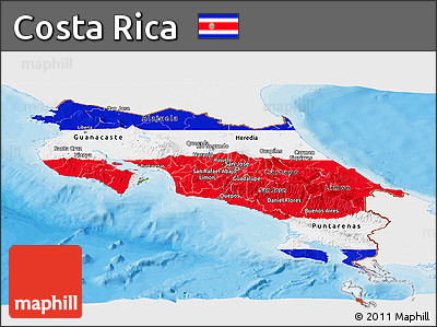 Flag Panoramic Map of Costa Rica, single color outside, bathymetry sea, shaded relief sea