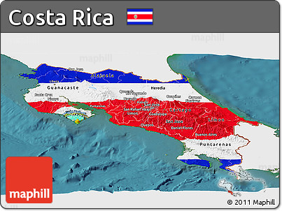Flag Panoramic Map of Costa Rica, single color outside, satellite sea, flag centered