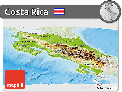 Physical Panoramic Map of Costa Rica, lighten, land only