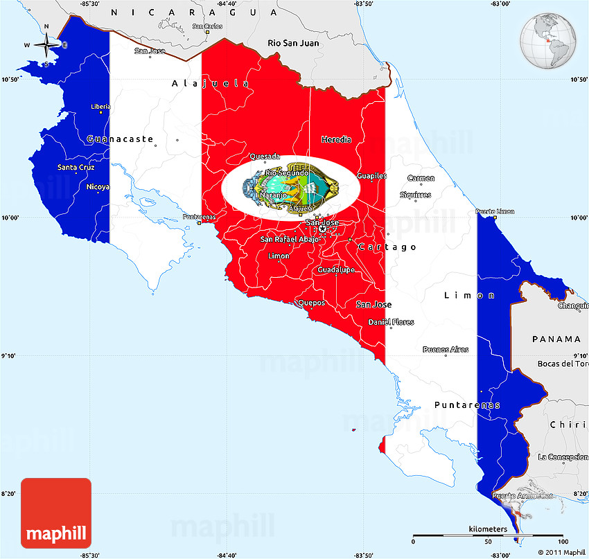Flag Simple Map of Costa Rica, single color outside, borders and labels