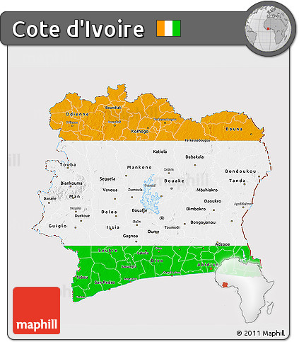 Flag 3D Map of Cote D'Ivoire, flag aligned to the middle