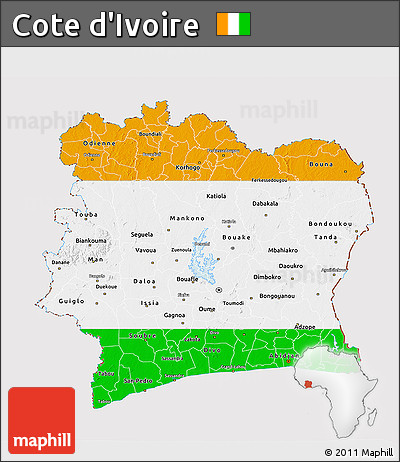 Flag 3D Map of Cote D'Ivoire, flag aligned to the middle