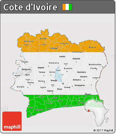 Flag 3D Map of Cote D'Ivoire, flag aligned to the middle