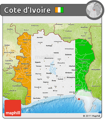 Flag 3D Map of Cote D'Ivoire, physical outside, flag centered