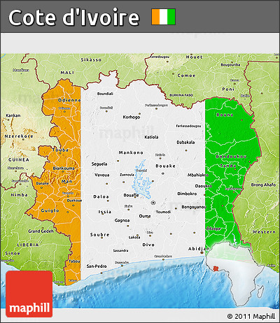 Flag 3D Map of Cote D'Ivoire, physical outside, flag centered