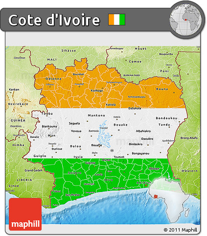 Flag 3D Map of Cote D'Ivoire, physical outside, flag rotated