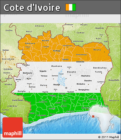 Flag 3D Map of Cote D'Ivoire, physical outside, flag rotated