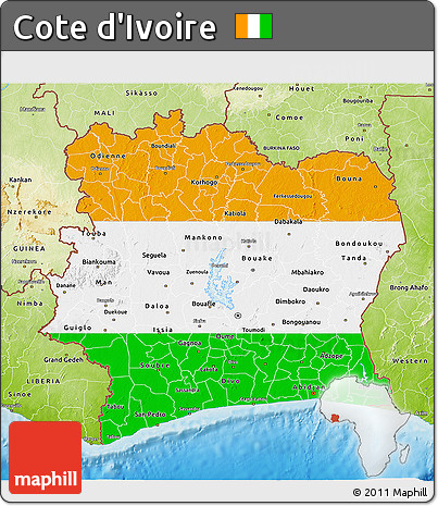 Flag 3D Map of Cote D'Ivoire, physical outside, flag rotated