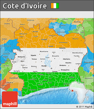 Flag 3D Map of Cote D'Ivoire, political outside, flag rotated