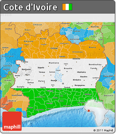 Flag 3D Map of Cote D'Ivoire, political outside, flag rotated