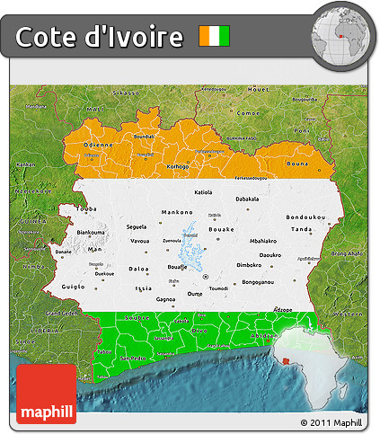 Flag 3D Map of Cote D'Ivoire, satellite outside, flag aligned to the middle