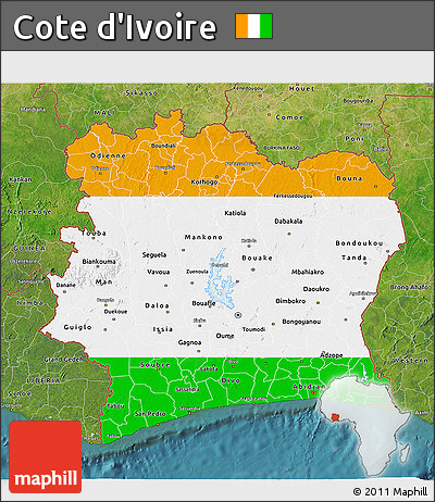 Flag 3D Map of Cote D'Ivoire, satellite outside, flag aligned to the middle