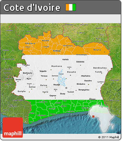 Flag 3D Map of Cote D'Ivoire, satellite outside, flag aligned to the middle