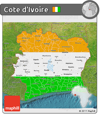 Flag 3D Map of Cote D'Ivoire, satellite outside, flag rotated