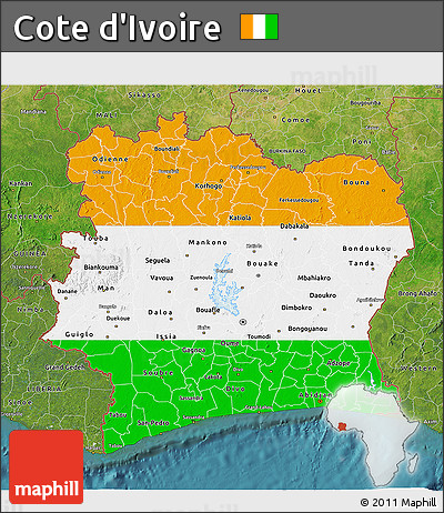 Flag 3D Map of Cote D'Ivoire, satellite outside, flag rotated