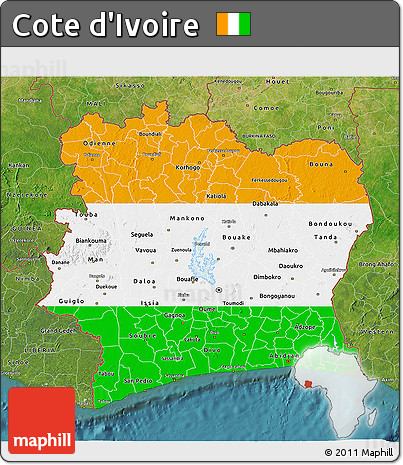 Flag 3D Map of Cote D'Ivoire, satellite outside, flag rotated