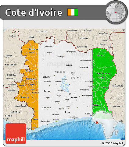 Flag 3D Map of Cote D'Ivoire, shaded relief outside, bathymetry sea, flag centered
