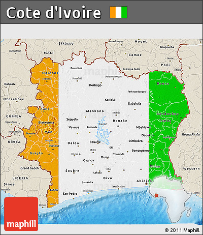 Flag 3D Map of Cote D'Ivoire, shaded relief outside, bathymetry sea, flag centered