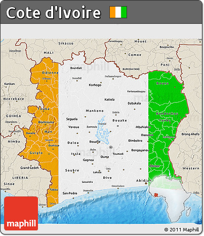 Flag 3D Map of Cote D'Ivoire, shaded relief outside, bathymetry sea, flag centered