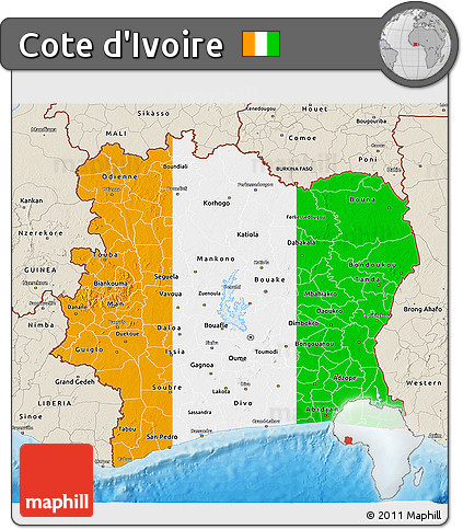 Flag 3D Map of Cote D'Ivoire, shaded relief outside, bathymetry sea