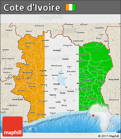 Flag 3D Map of Cote D'Ivoire, shaded relief outside, bathymetry sea