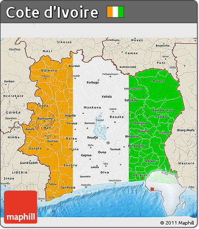 Flag 3D Map of Cote D'Ivoire, shaded relief outside, bathymetry sea