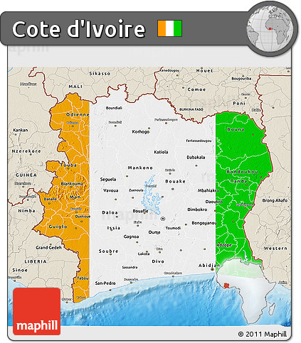 Flag 3D Map of Cote D'Ivoire, shaded relief outside, flag centered