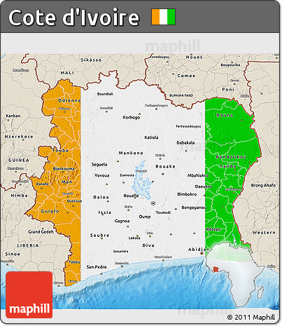 Flag 3D Map of Cote D'Ivoire, shaded relief outside, flag centered