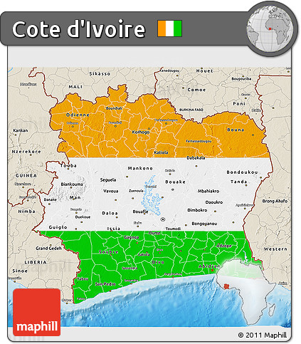 Flag 3D Map of Cote D'Ivoire, shaded relief outside, flag rotated