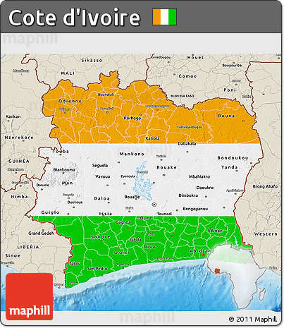 Flag 3D Map of Cote D'Ivoire, shaded relief outside, flag rotated