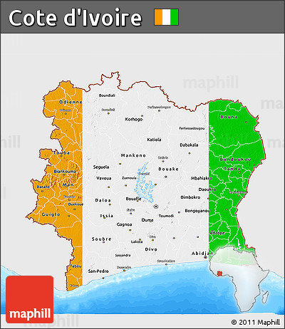 Flag 3D Map of Cote D'Ivoire, single color outside, bathymetry sea, flag centered