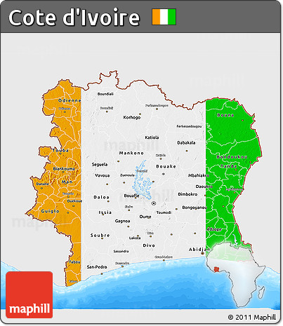 Flag 3D Map of Cote D'Ivoire, single color outside, bathymetry sea, flag centered