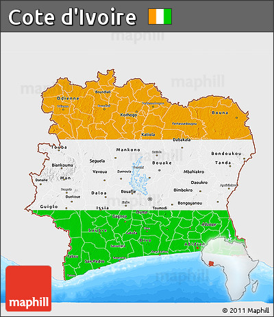 Flag 3D Map of Cote D'Ivoire, single color outside, bathymetry sea, flag rotated