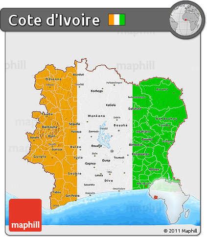 Flag 3D Map of Cote D'Ivoire, single color outside, bathymetry sea