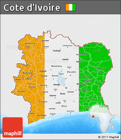 Flag 3D Map of Cote D'Ivoire, single color outside, bathymetry sea