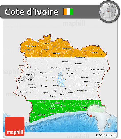 Flag 3D Map of Cote D'Ivoire, single color outside, bathymetry sea, shaded relief sea, flag aligned to the middle