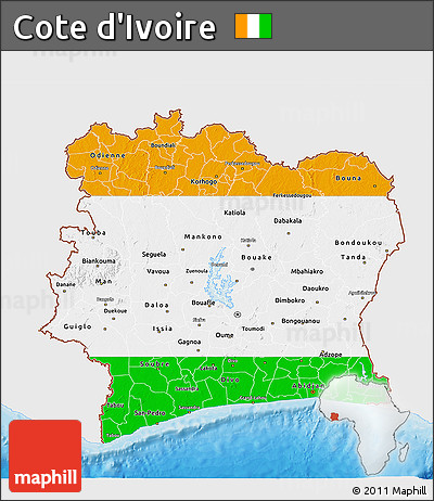 Flag 3D Map of Cote D'Ivoire, single color outside, bathymetry sea, shaded relief sea, flag aligned to the middle