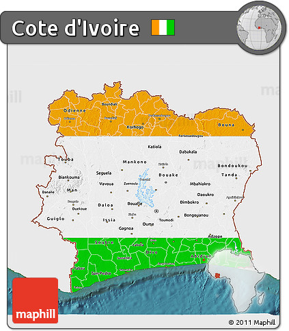 Flag 3D Map of Cote D'Ivoire, single color outside, satellite sea, flag aligned to the middle