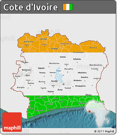 Flag 3D Map of Cote D'Ivoire, single color outside, satellite sea, flag aligned to the middle