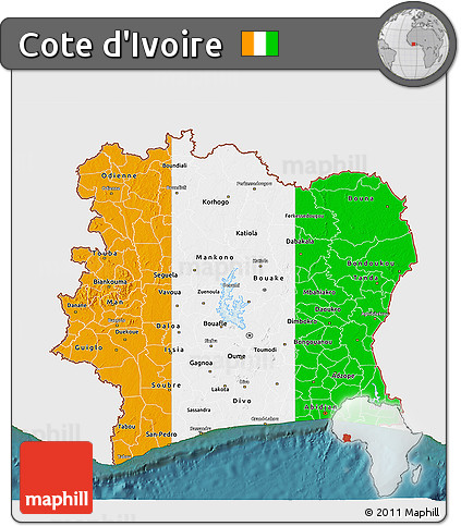 Flag 3D Map of Cote D'Ivoire, single color outside, satellite sea