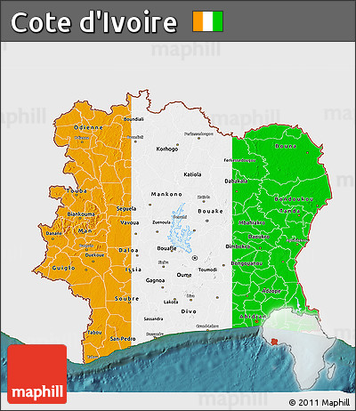 Flag 3D Map of Cote D'Ivoire, single color outside, satellite sea