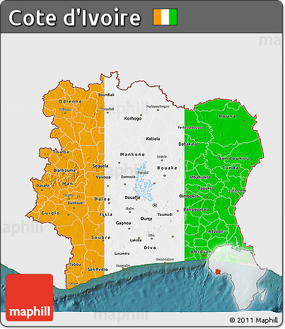 Flag 3D Map of Cote D'Ivoire, single color outside, satellite sea