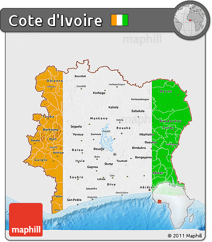Flag 3D Map of Cote D'Ivoire, single color outside, shaded relief sea, flag centered