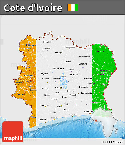 Flag 3D Map of Cote D'Ivoire, single color outside, shaded relief sea, flag centered