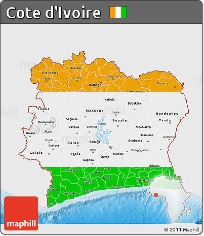 Flag 3D Map of Cote D'Ivoire, single color outside, shaded relief sea, flag aligned to the middle
