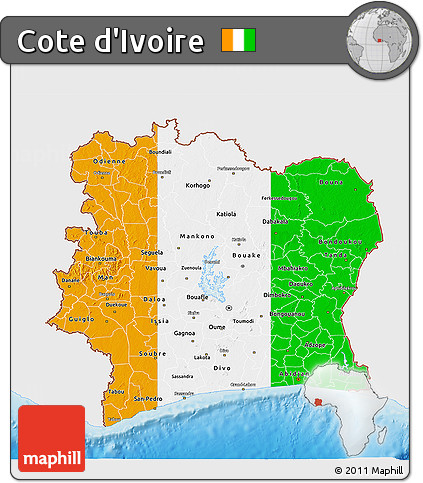 Flag 3D Map of Cote D'Ivoire, single color outside, shaded relief sea