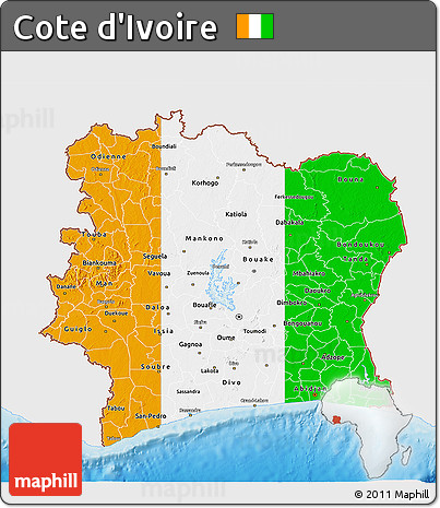 Flag 3D Map of Cote D'Ivoire, single color outside, shaded relief sea